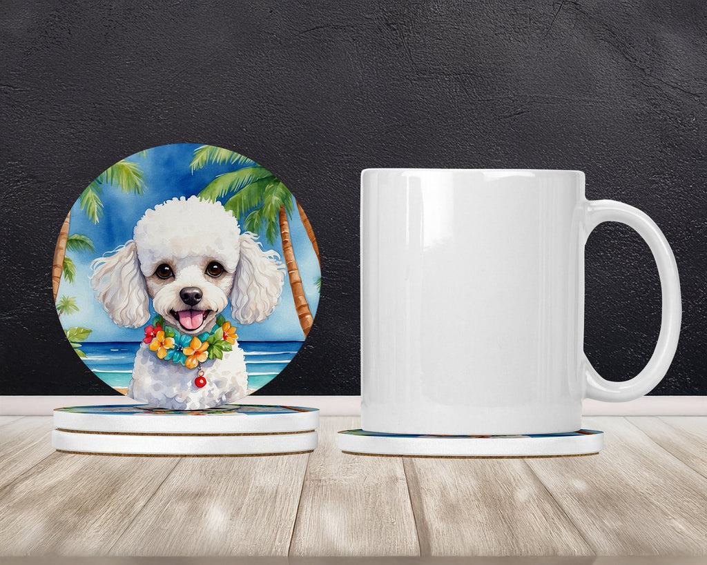 White Poodle Luau Large Sandstone Coasters Pack of 4 Absorbent Round Coasters Decor Gifts for Men or Women, 4 in, Multicolor