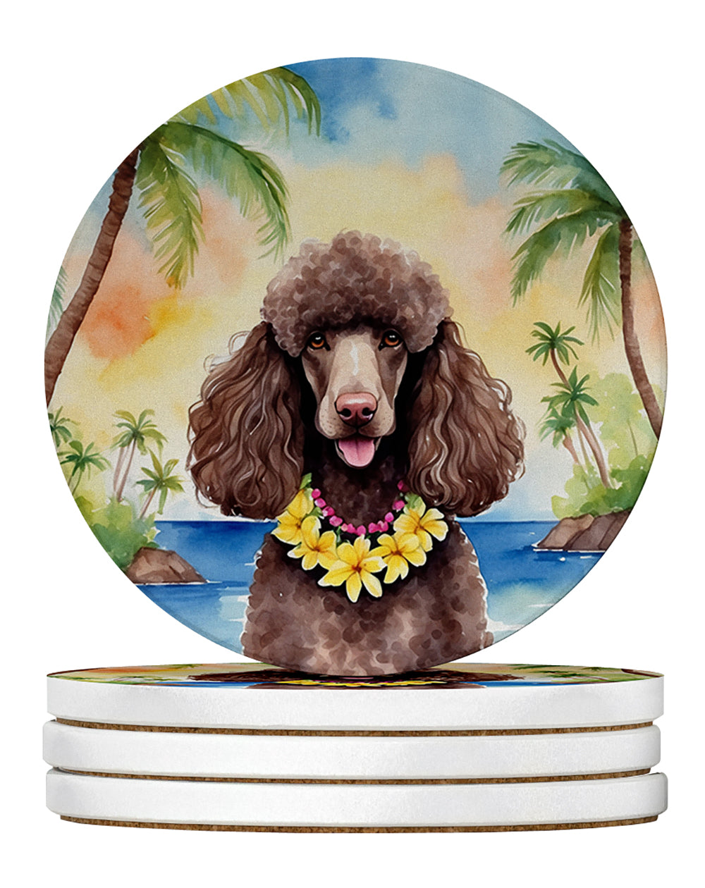 Chocolate Poodle Luau Large Sandstone Coasters Pack of 4 Absorbent Round Coasters Decor Gifts for Men or Women, 4 in, Multicolor