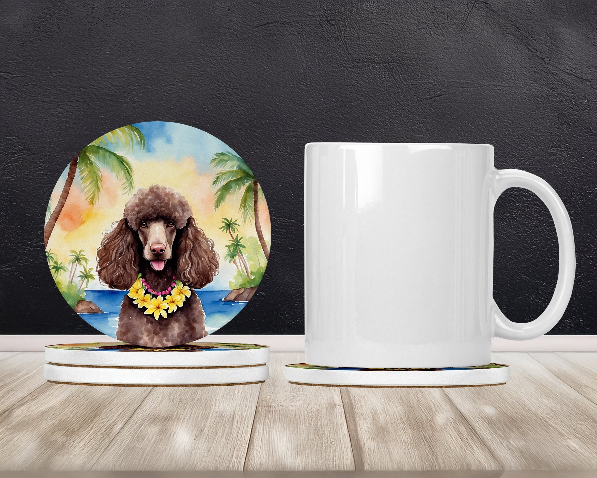 Chocolate Poodle Luau Large Sandstone Coasters Pack of 4 Absorbent Round Coasters Decor Gifts for Men or Women, 4 in, Multicolor