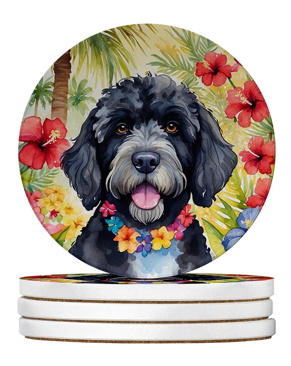 Portuguese Water Dog Luau Large Sandstone Coasters Pack of 4 Absorbent Round Coasters Decor Gifts for Men or Women, 4 in, Multicolor