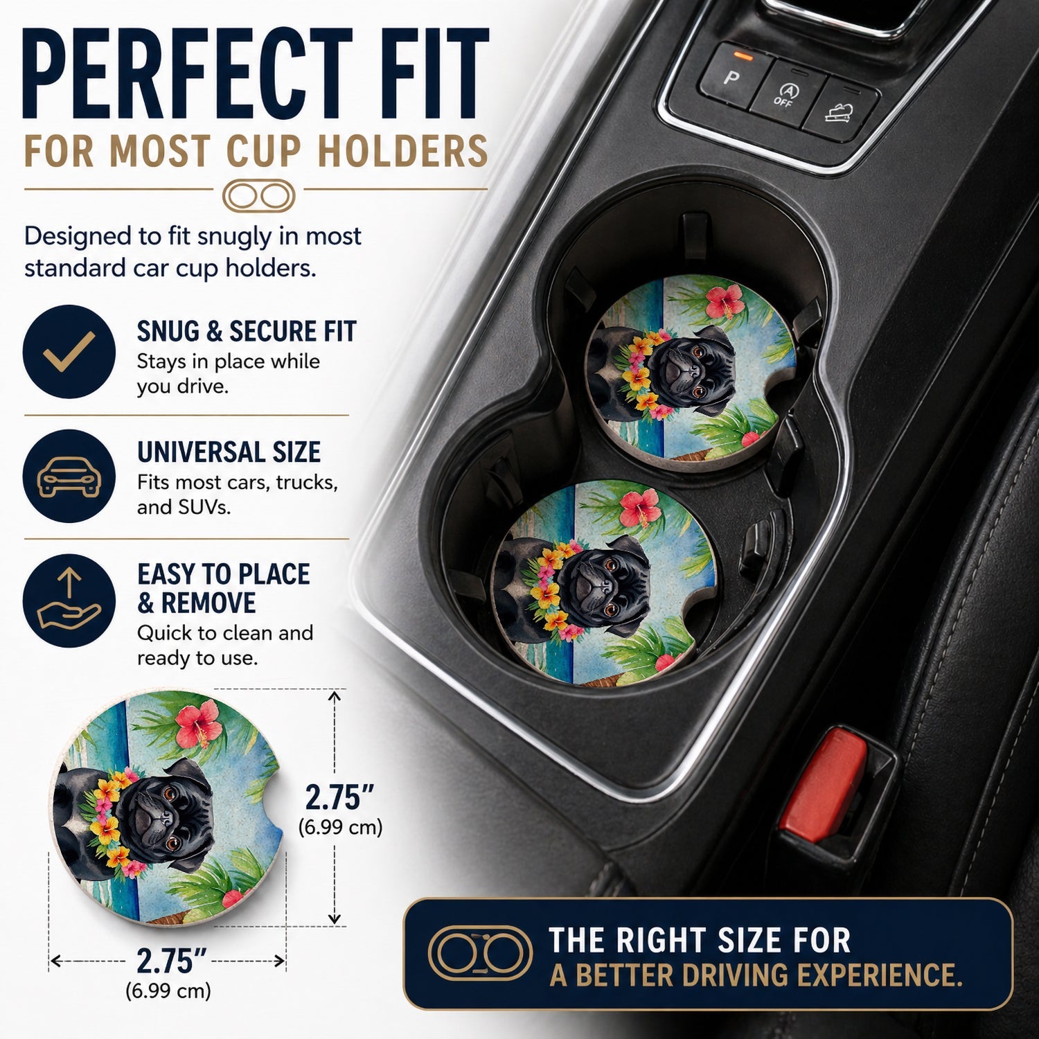 Black Pug Luau Set of 2 Cup Holder Car Coasters Absorbent Round Sandstone Coasters Gifts for Men or Women, 2.5, Multicolor