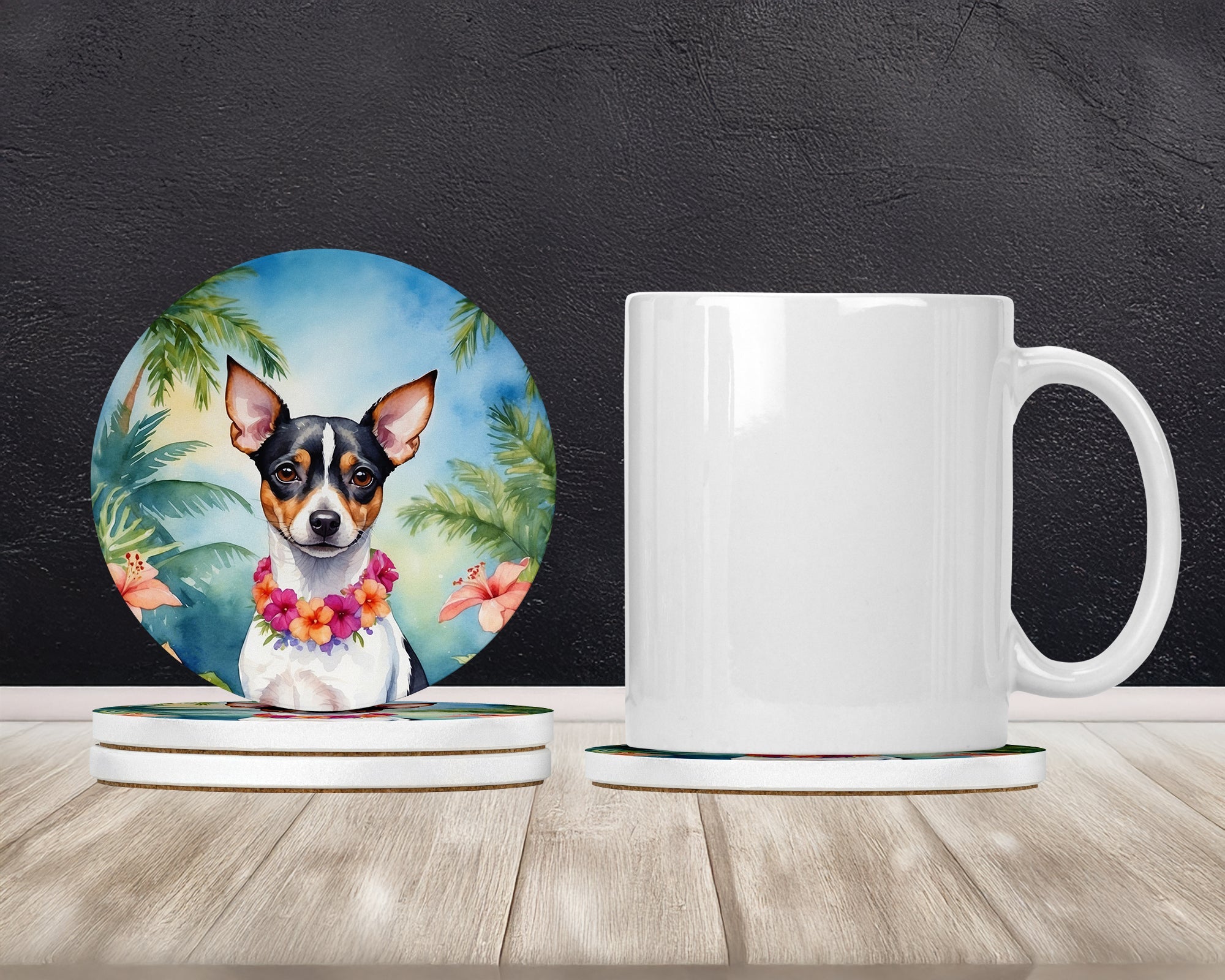Rat Terrier Luau Large Sandstone Coasters Pack of 4 Absorbent Round Coasters Decor Gifts for Men or Women, 4 in, Multicolor