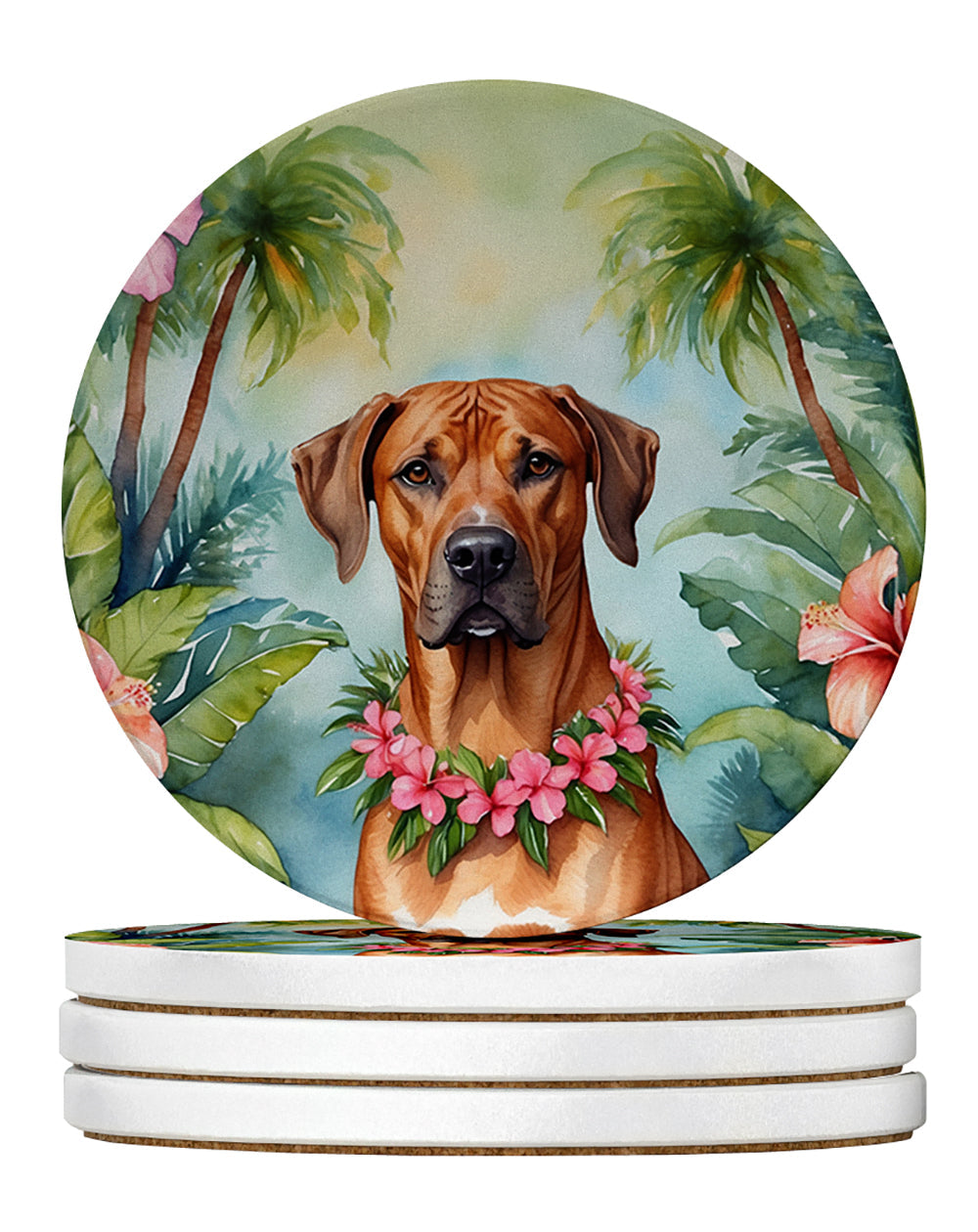 Rhodesian Ridgeback Luau Large Sandstone Coasters Pack of 4 Absorbent Round Coasters Decor Gifts for Men or Women, 4 in, Multicolor