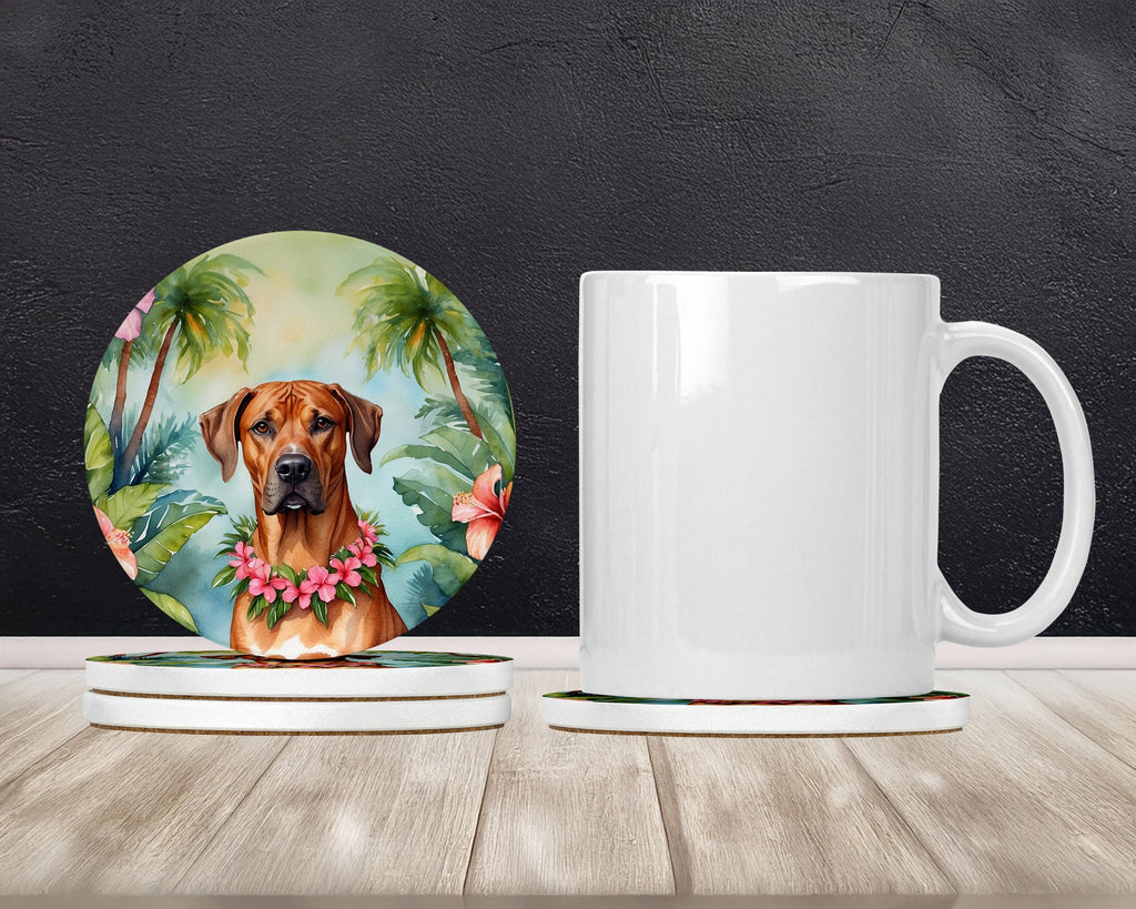 Rhodesian Ridgeback Luau Large Sandstone Coasters Pack of 4 Absorbent Round Coasters Decor Gifts for Men or Women, 4 in, Multicolor