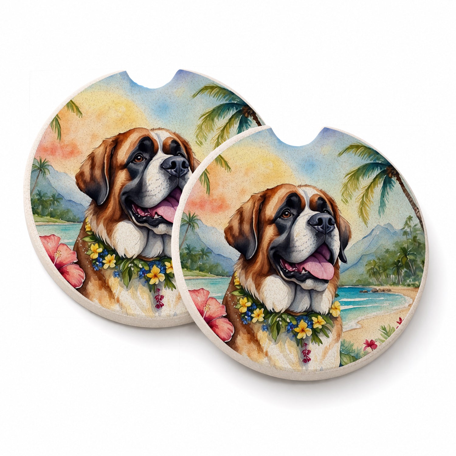 Saint Bernard Luau Set of 2 Cup Holder Car Coasters Absorbent Round Sandstone Coasters Gifts for Men or Women, 2.5, Multicolor