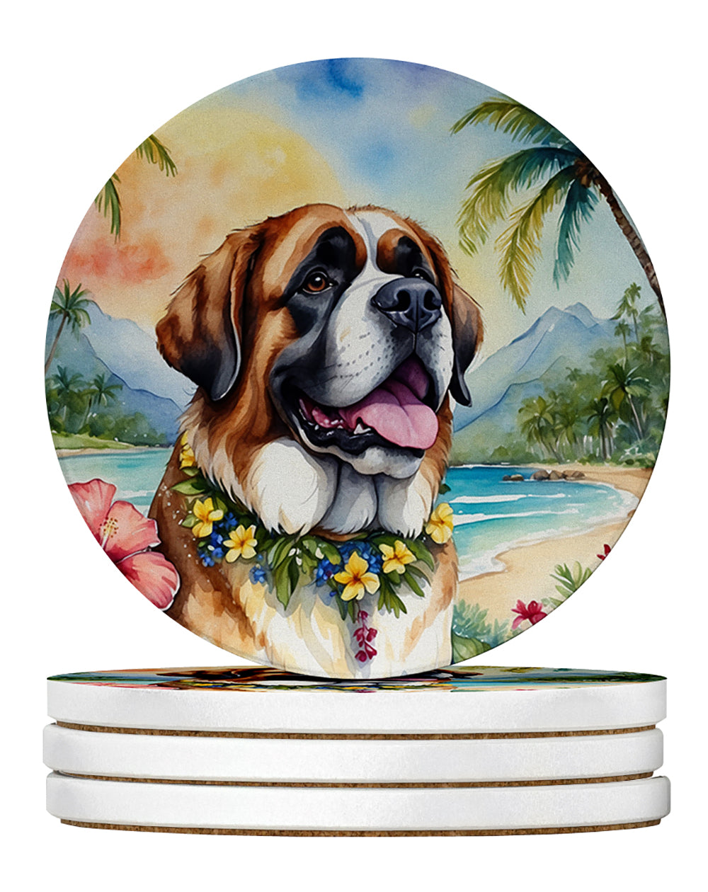 Saint Bernard Luau Large Sandstone Coasters Pack of 4 Absorbent Round Coasters Decor Gifts for Men or Women, 4 in, Multicolor