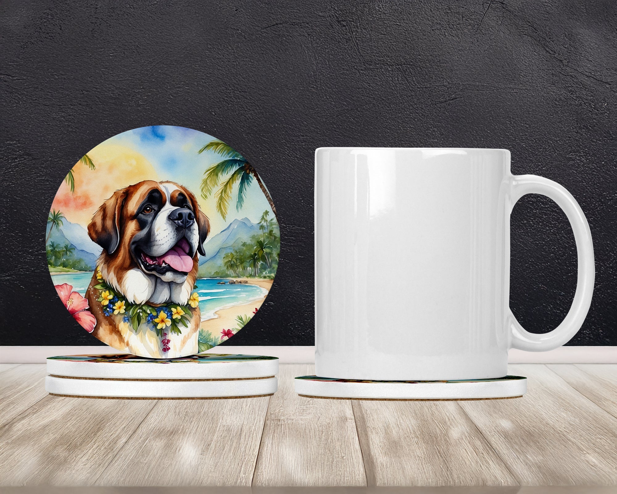 Saint Bernard Luau Large Sandstone Coasters Pack of 4 Absorbent Round Coasters Decor Gifts for Men or Women, 4 in, Multicolor