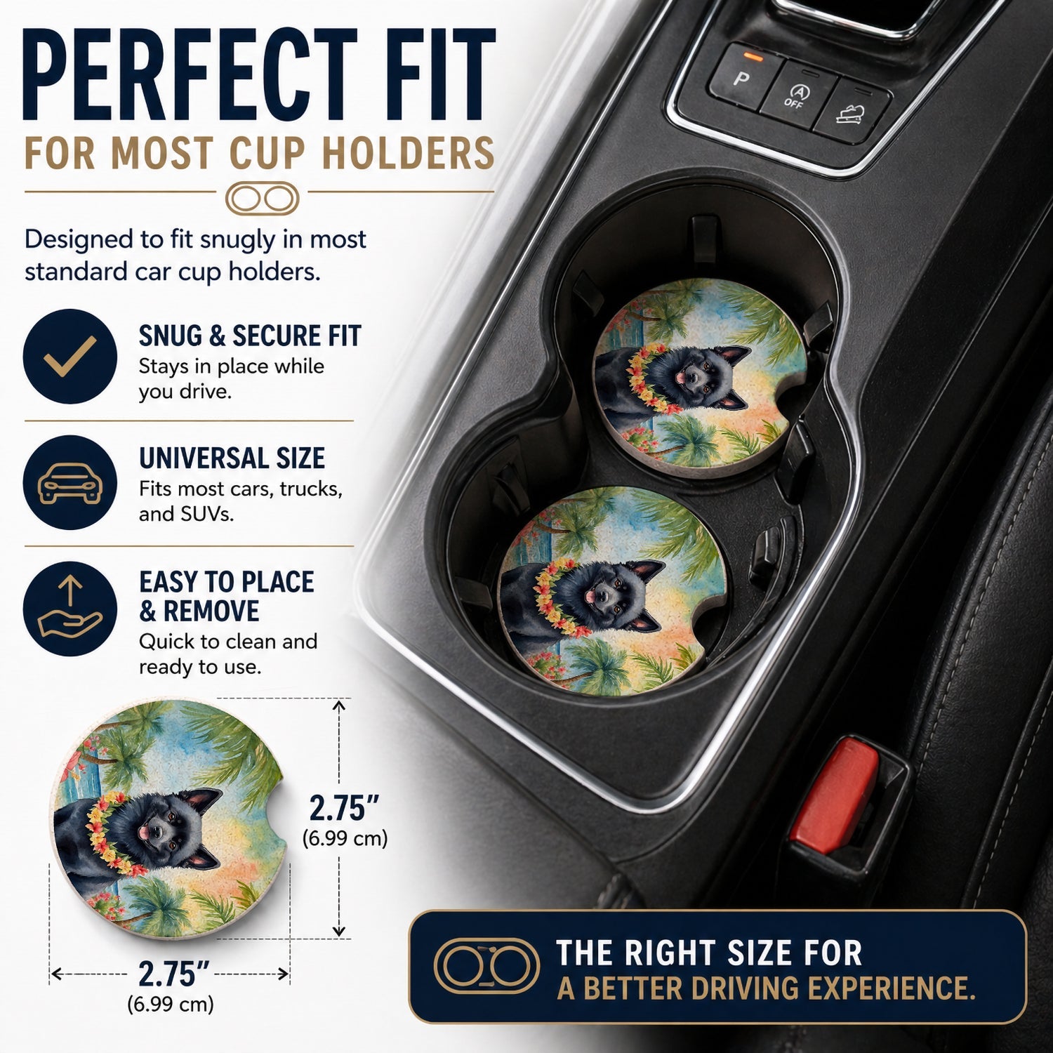 Schipperke Luau Set of 2 Cup Holder Car Coasters Absorbent Round Sandstone Coasters Gifts for Men or Women, 2.5, Multicolor