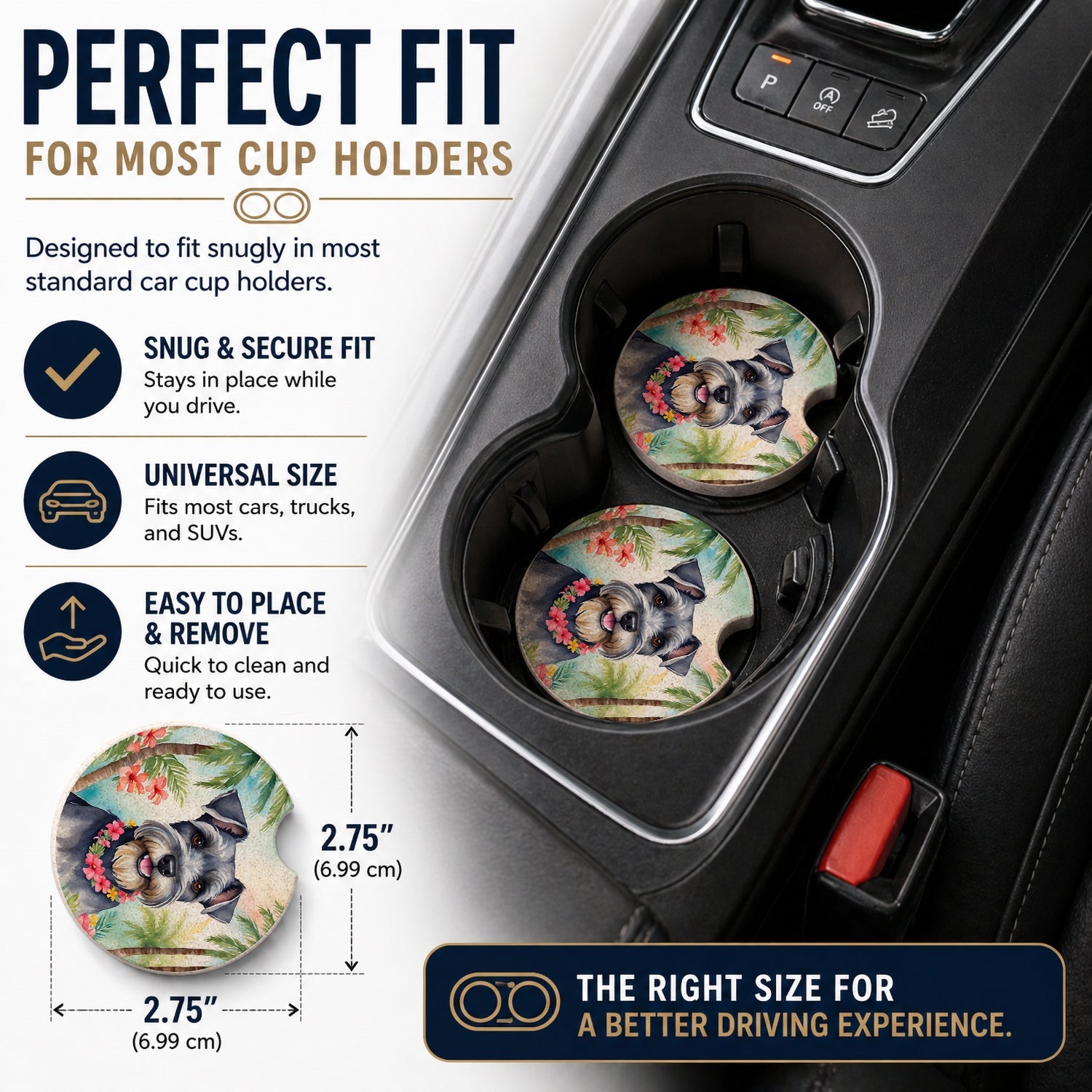 Schnauzer Luau Set of 2 Cup Holder Car Coasters Absorbent Round Sandstone Coasters Gifts for Men or Women, 2.5, Multicolor