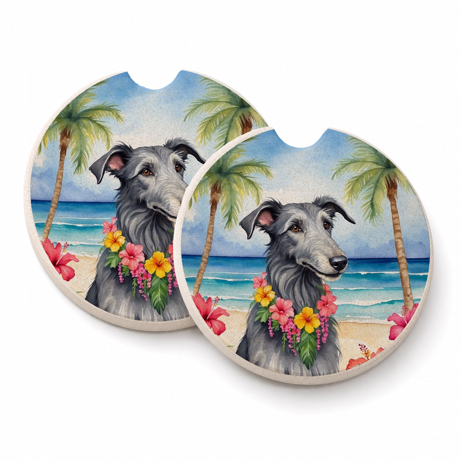 Scottish Deerhound Luau Set of 2 Cup Holder Car Coasters Absorbent Round Sandstone Coasters Gifts for Men or Women, 2.5, Multicolor
