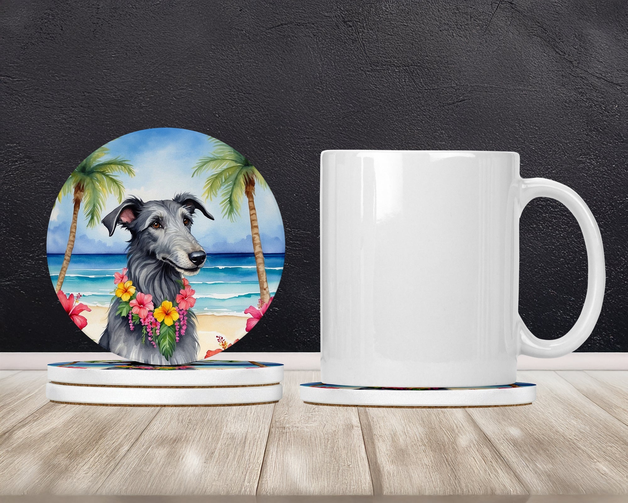 Scottish Deerhound Luau Large Sandstone Coasters Pack of 4 Absorbent Round Coasters Decor Gifts for Men or Women, 4 in, Multicolor