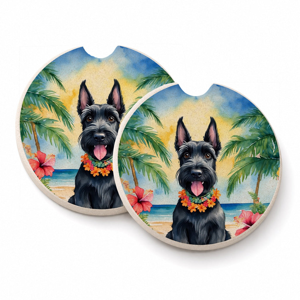 Scottish Terrier Luau Set of 2 Cup Holder Car Coasters Absorbent Round Sandstone Coasters Gifts for Men or Women, 2.5, Multicolor