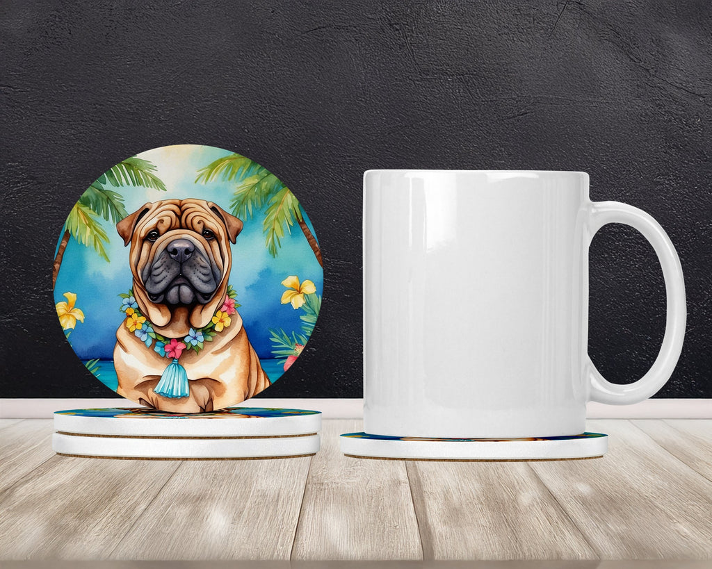 Shar Pei Luau Large Sandstone Coasters Pack of 4 Absorbent Round Coasters Decor Gifts for Men or Women, 4 in, Multicolor