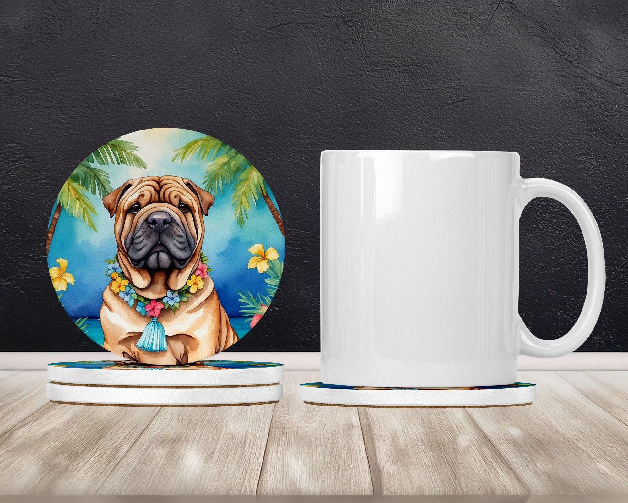 Shar Pei Luau Large Sandstone Coasters Pack of 4 Absorbent Round Coasters Decor Gifts for Men or Women, 4 in, Multicolor