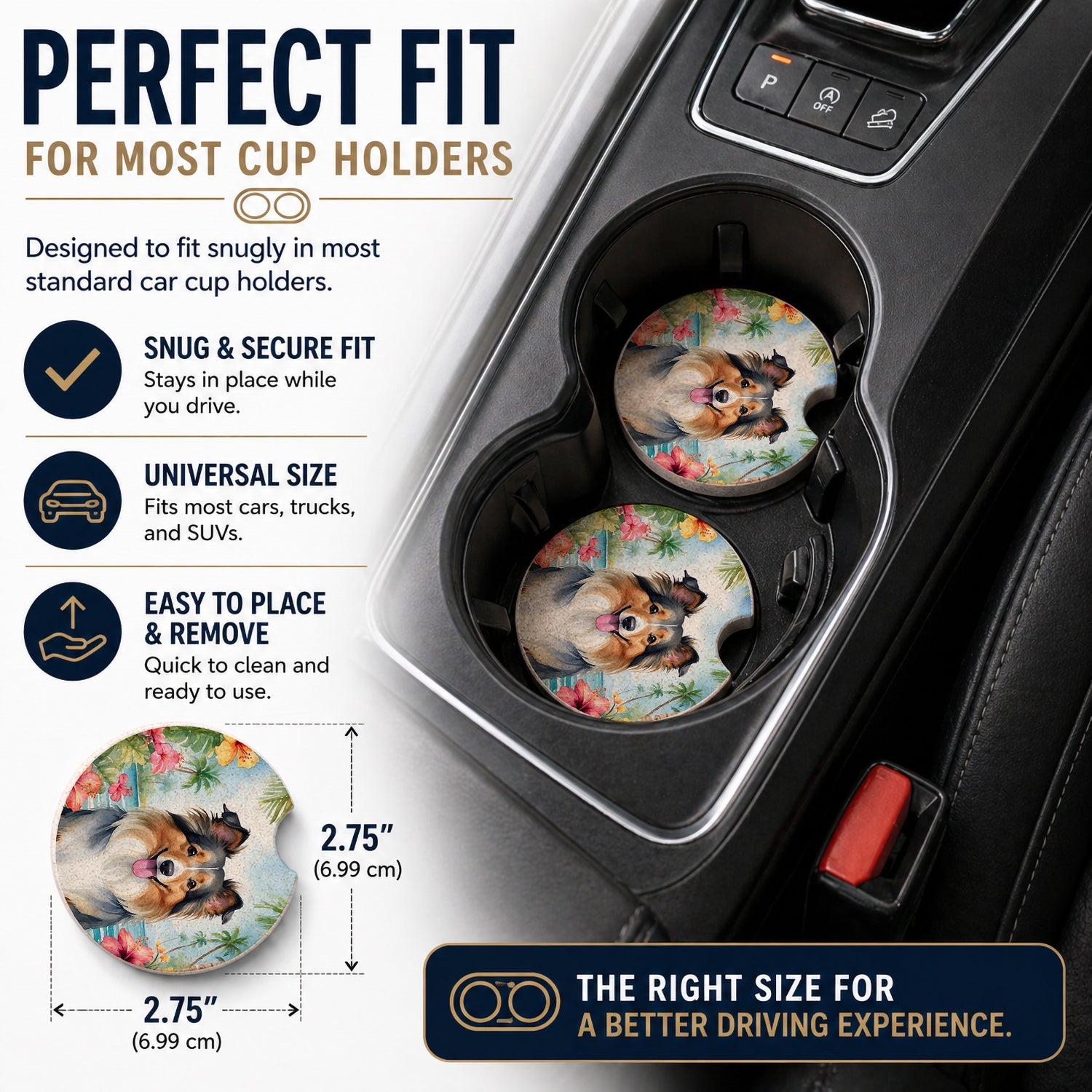 Sheltie Luau Set of 2 Cup Holder Car Coasters Absorbent Round Sandstone Coasters Gifts for Men or Women, 2.5, Multicolor