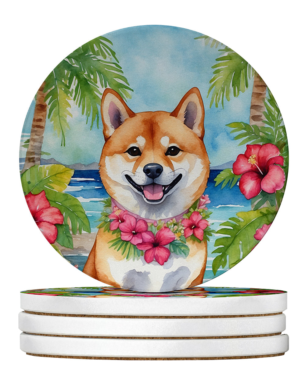 Shiba Inu Luau Large Sandstone Coasters Pack of 4 Absorbent Round Coasters Decor Gifts for Men or Women, 4 in, Multicolor