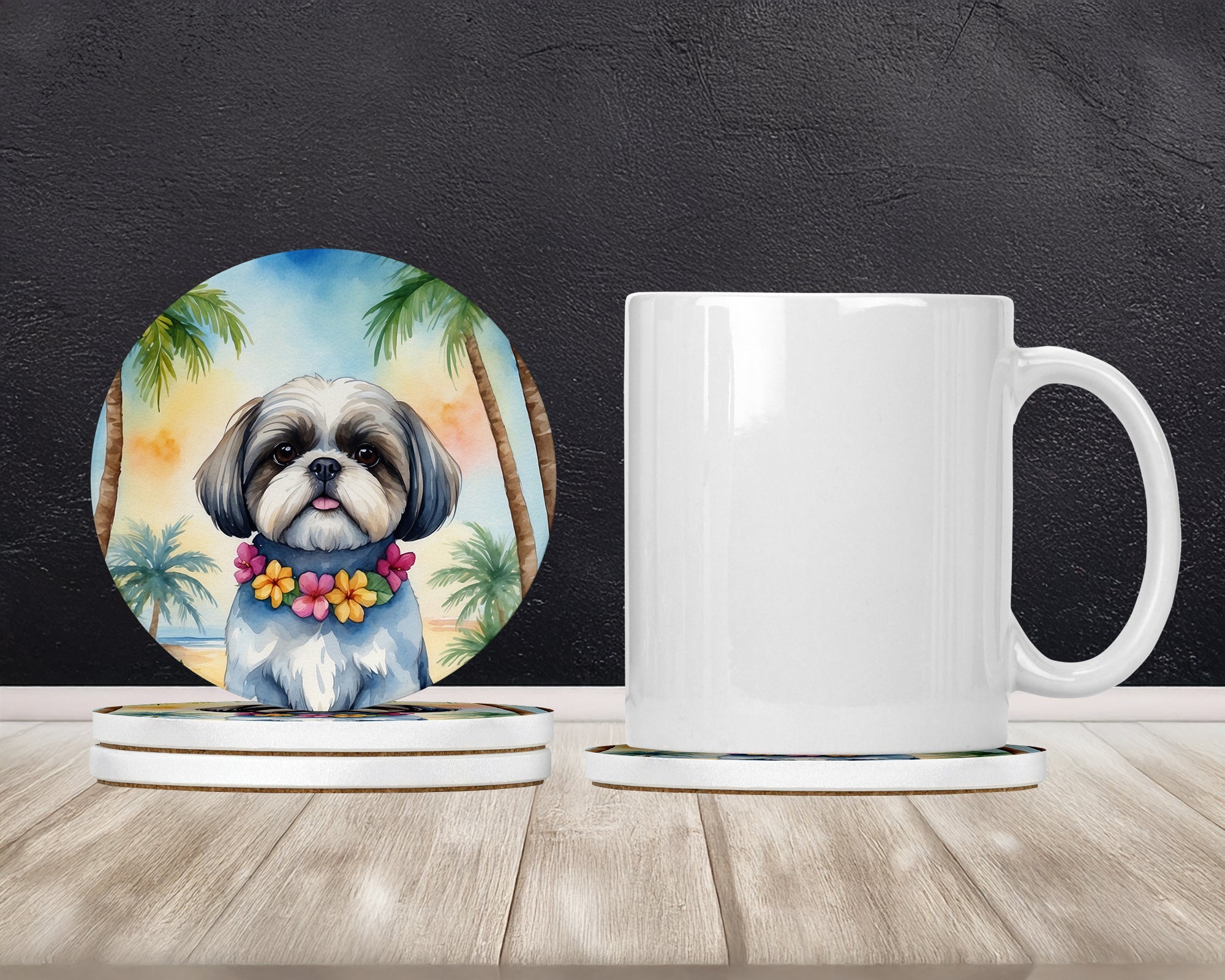 Shih Tzu Luau Large Sandstone Coasters Pack of 4 Absorbent Round Coasters Decor Gifts for Men or Women, 4 in, Multicolor