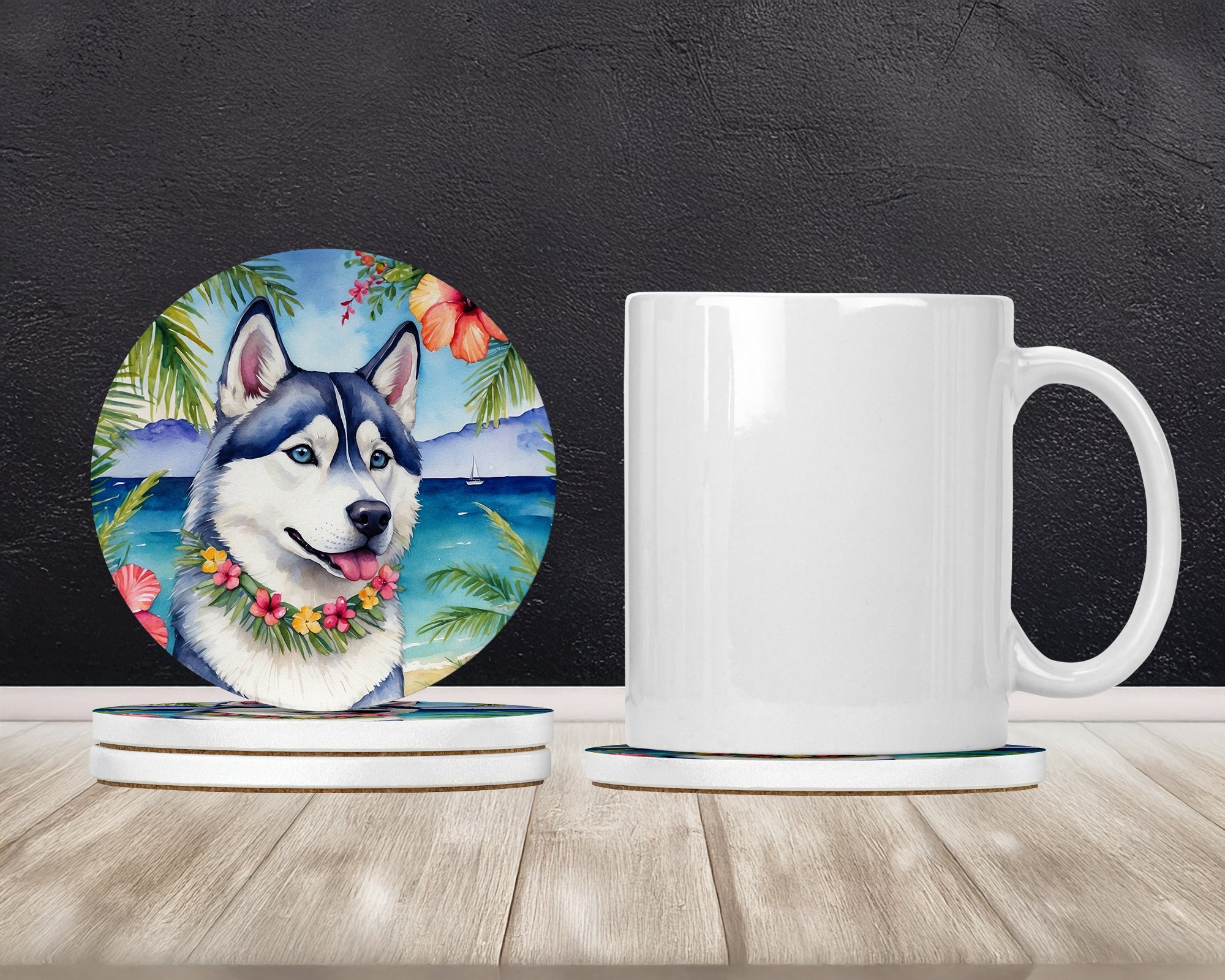 Siberian Husky Luau Large Sandstone Coasters Pack of 4 Absorbent Round Coasters Decor Gifts for Men or Women, 4 in, Multicolor
