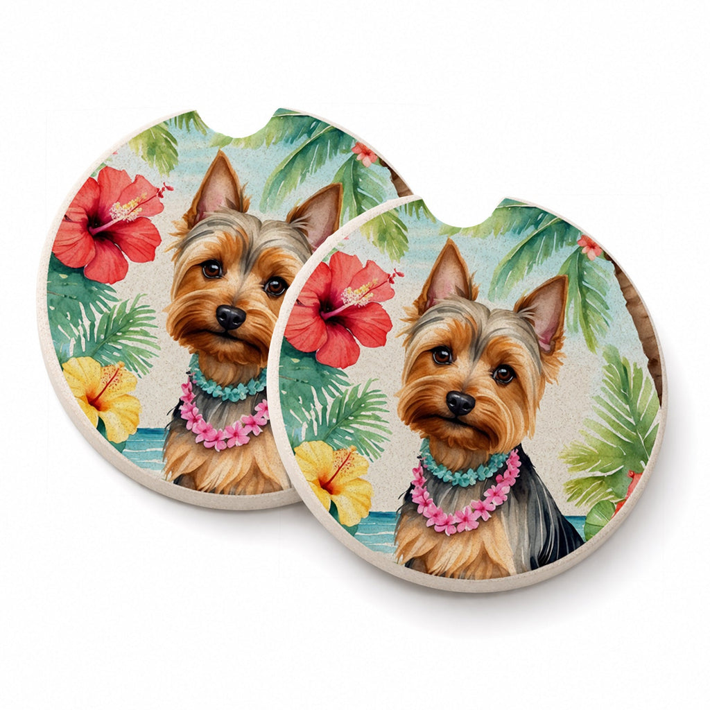 Silky Terrier Luau Set of 2 Cup Holder Car Coasters Absorbent Round Sandstone Coasters Gifts for Men or Women, 2.5, Multicolor