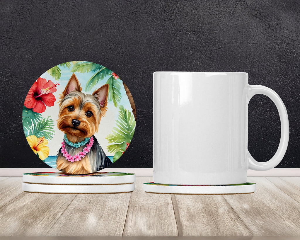 Silky Terrier Luau Large Sandstone Coasters Pack of 4 Absorbent Round Coasters Decor Gifts for Men or Women, 4 in, Multicolor