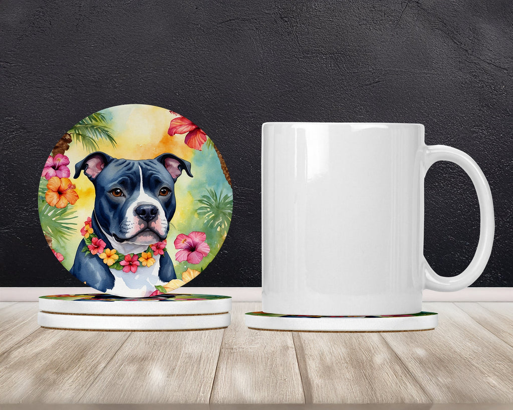 Staffordshire Bull Terrier Luau Large Sandstone Coasters Pack of 4 Absorbent Round Coasters Decor Gifts for Men or Women, 4 in, Multicolor