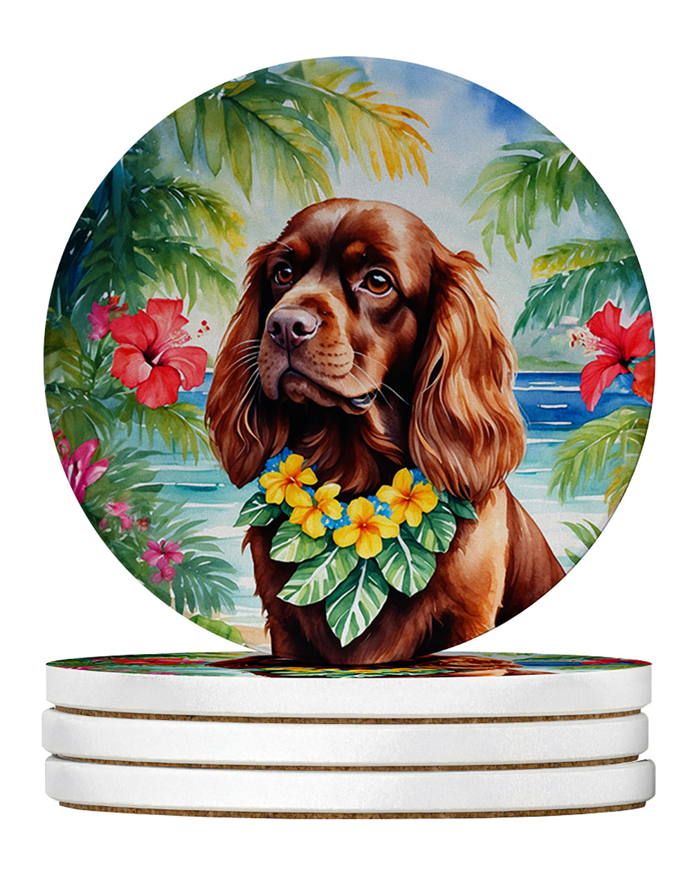 Sussex Spaniel Luau Large Sandstone Coasters Pack of 4 Absorbent Round Coasters Decor Gifts for Men or Women, 4 in, Multicolor