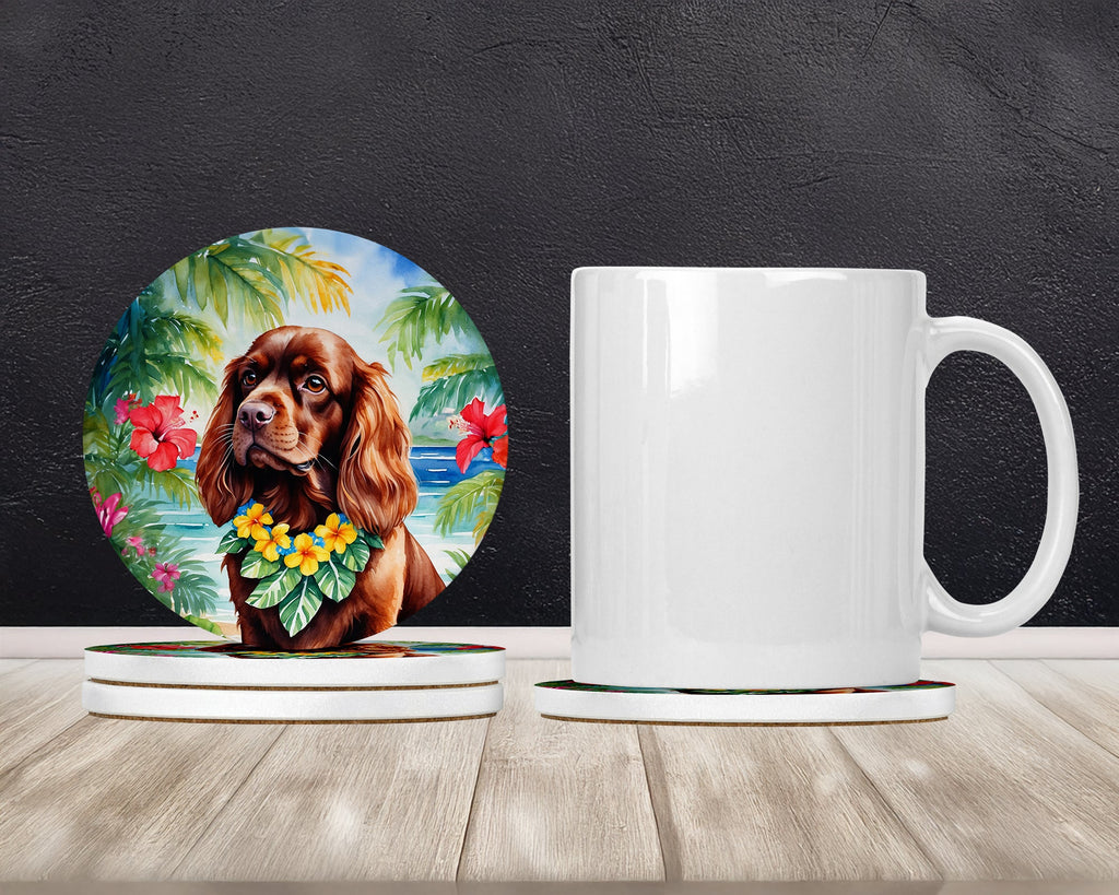 Sussex Spaniel Luau Large Sandstone Coasters Pack of 4 Absorbent Round Coasters Decor Gifts for Men or Women, 4 in, Multicolor