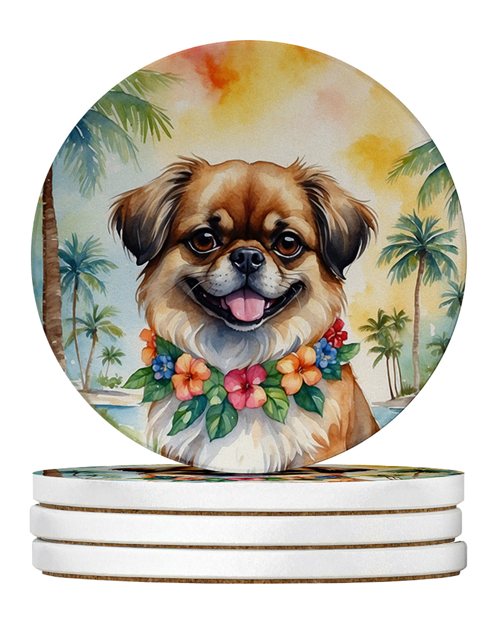 Tibetan Spaniel Luau Large Sandstone Coasters Pack of 4 Absorbent Round Coasters Decor Gifts for Men or Women, 4 in, Multicolor