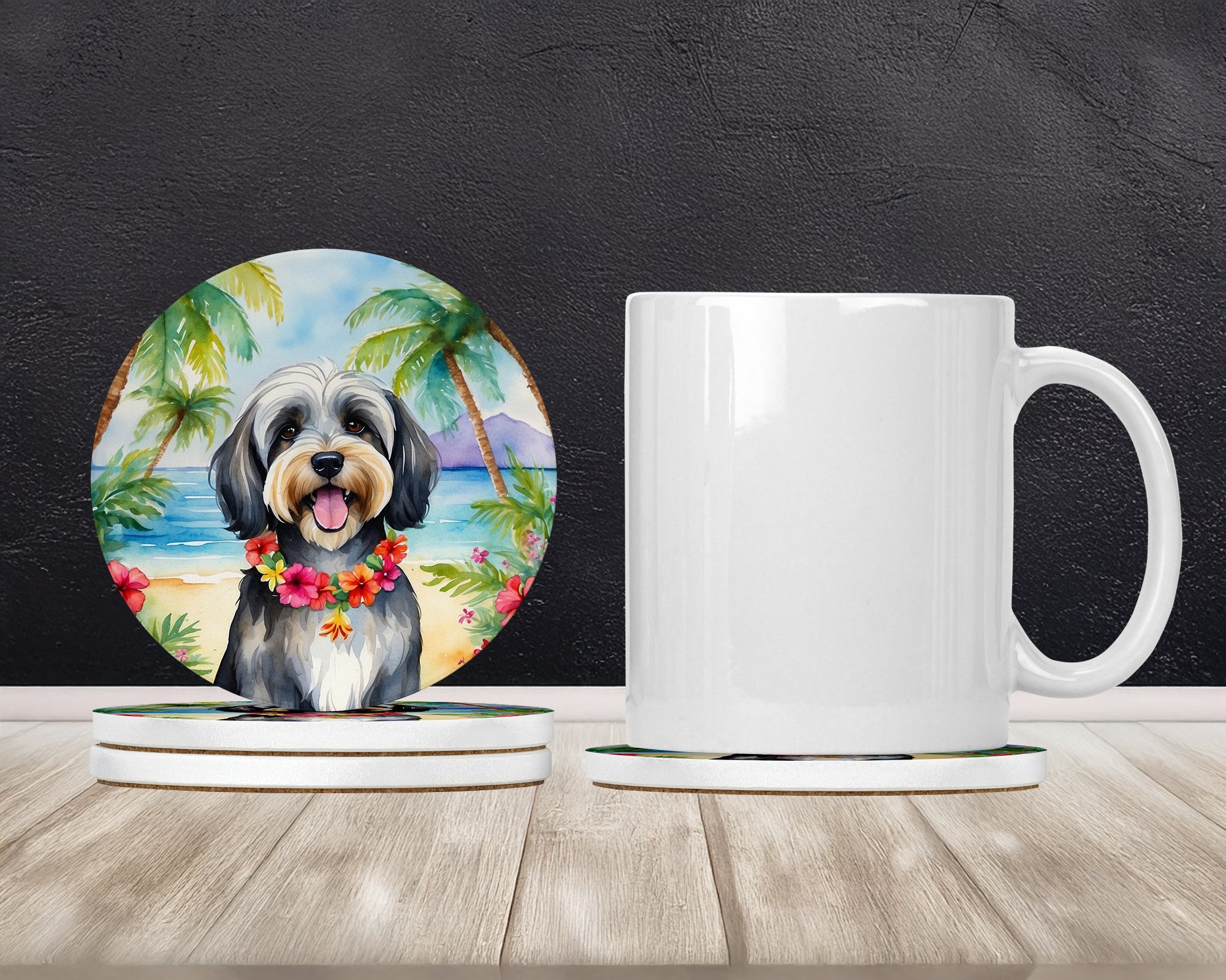 Tibetan Terrier Luau Large Sandstone Coasters Pack of 4 Absorbent Round Coasters Decor Gifts for Men or Women, 4 in, Multicolor