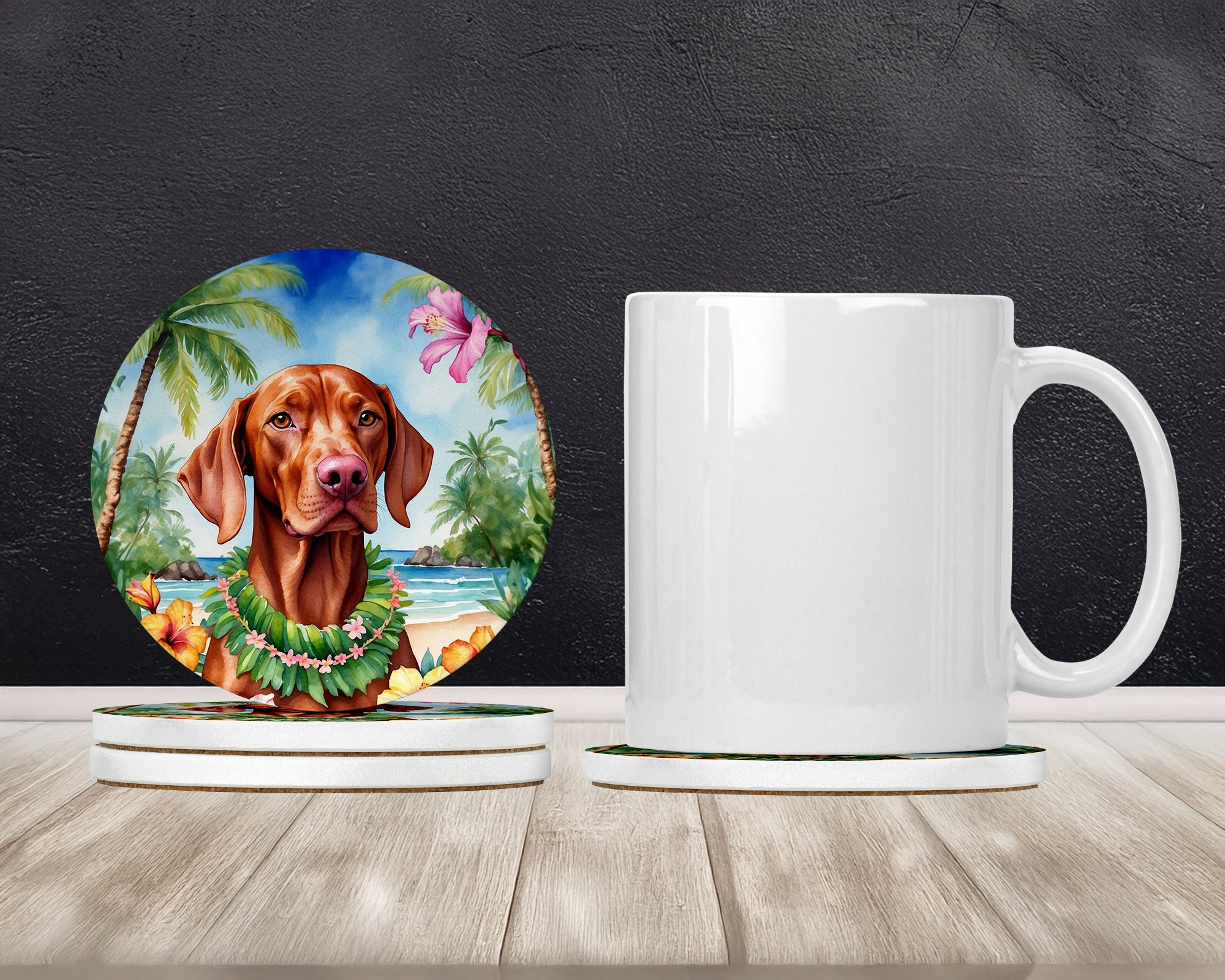 Vizsla Luau Large Sandstone Coasters Pack of 4 Absorbent Round Coasters Decor Gifts for Men or Women, 4 in, Multicolor