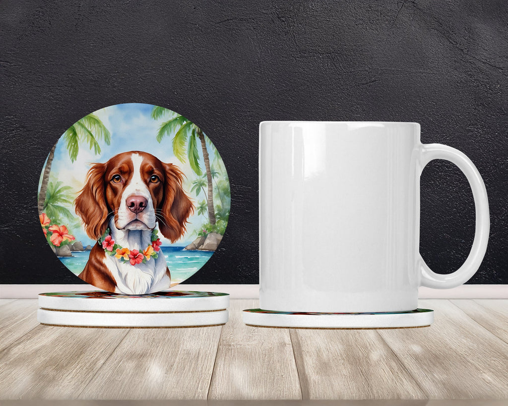 Welsh Springer Spaniel Luau Large Sandstone Coasters Pack of 4 Absorbent Round Coasters Decor Gifts for Men or Women, 4 in, Multicolor