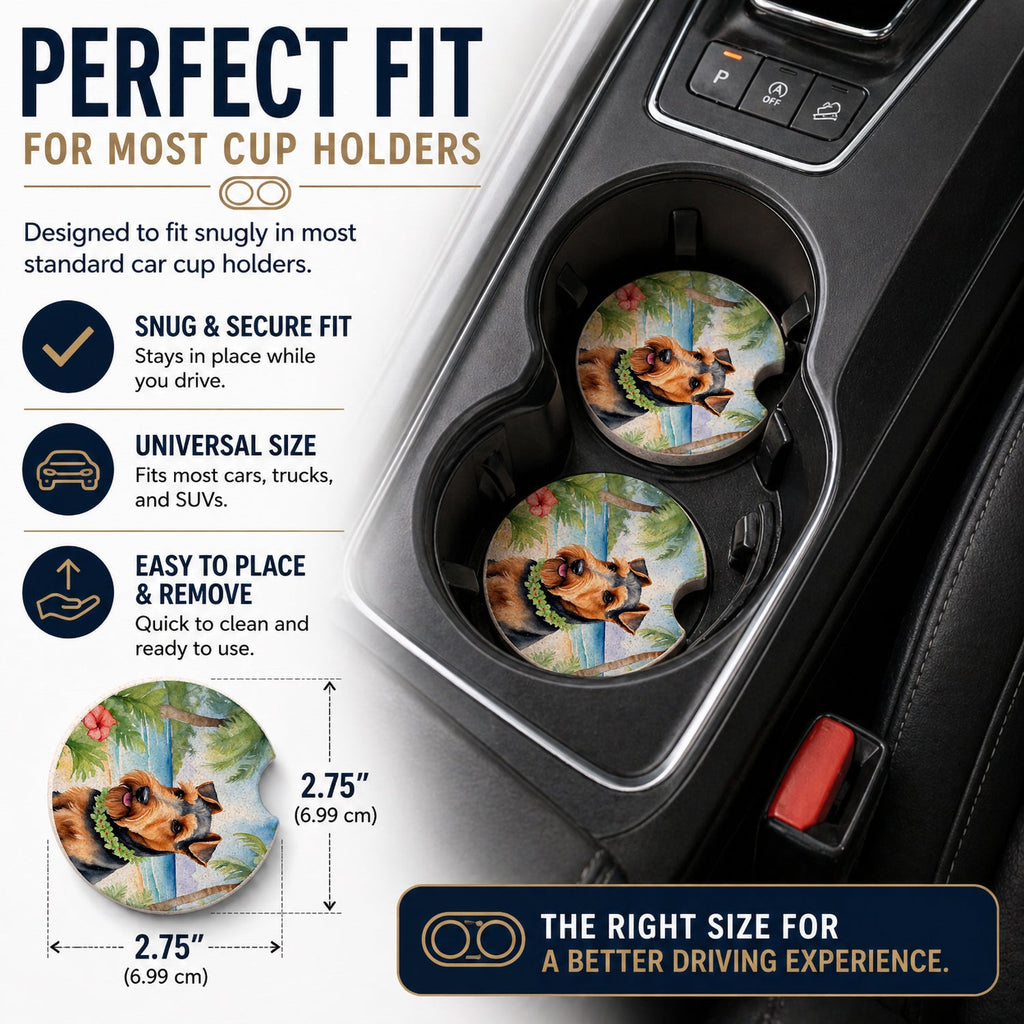Welsh Terrier Luau Set of 2 Cup Holder Car Coasters Absorbent Round Sandstone Coasters Gifts for Men or Women, 2.5, Multicolor