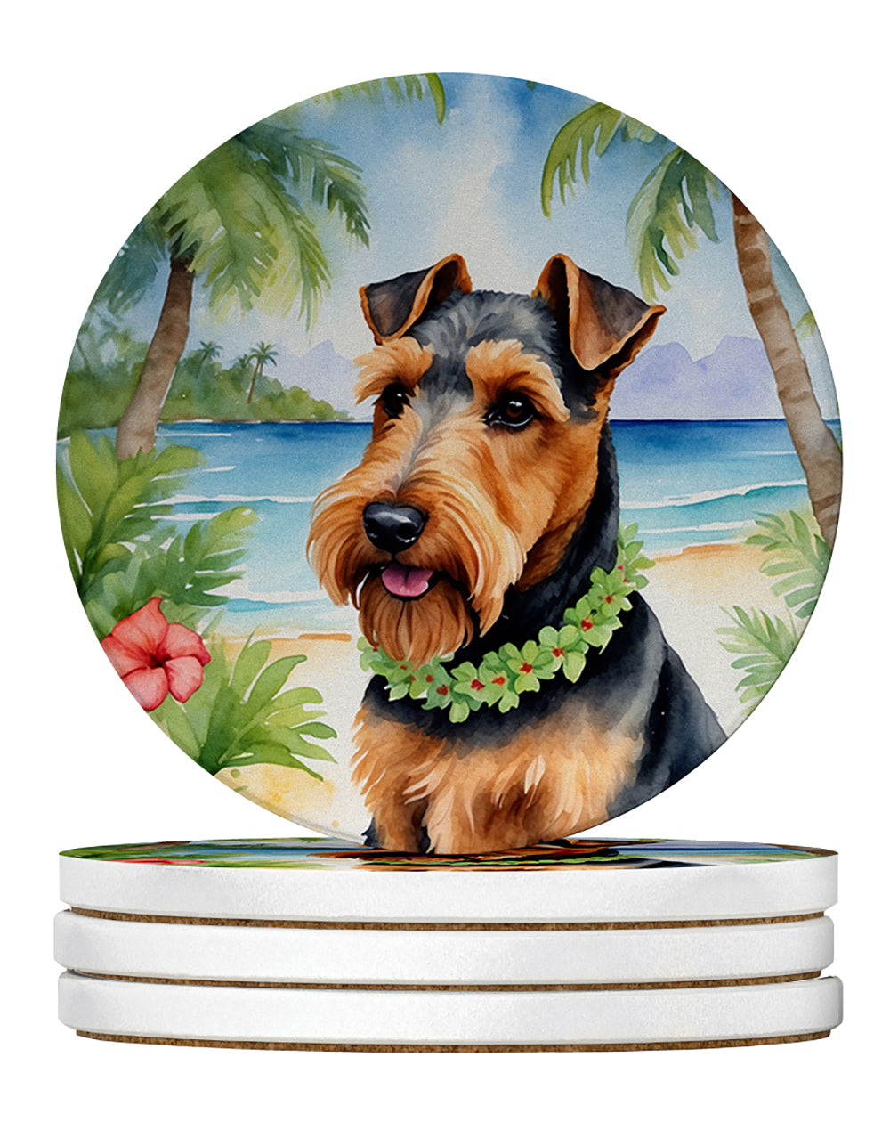 Welsh Terrier Luau Large Sandstone Coasters Pack of 4 Absorbent Round Coasters Decor Gifts for Men or Women, 4 in, Multicolor