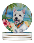 Westie Luau Large Sandstone Coasters Pack of 4 Absorbent Round Coasters Decor Gifts for Men or Women, 4 in, Multicolor