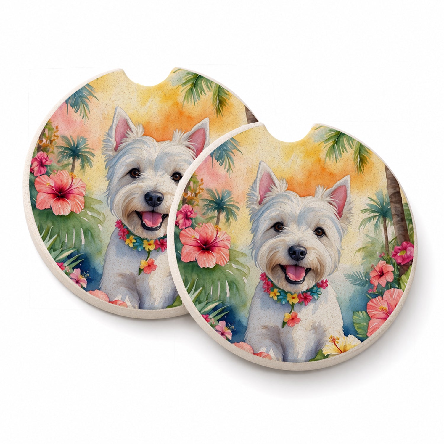 Westie Luau Set of 2 Cup Holder Car Coasters Absorbent Round Sandstone Coasters Gifts for Men or Women, 2.5, Multicolor