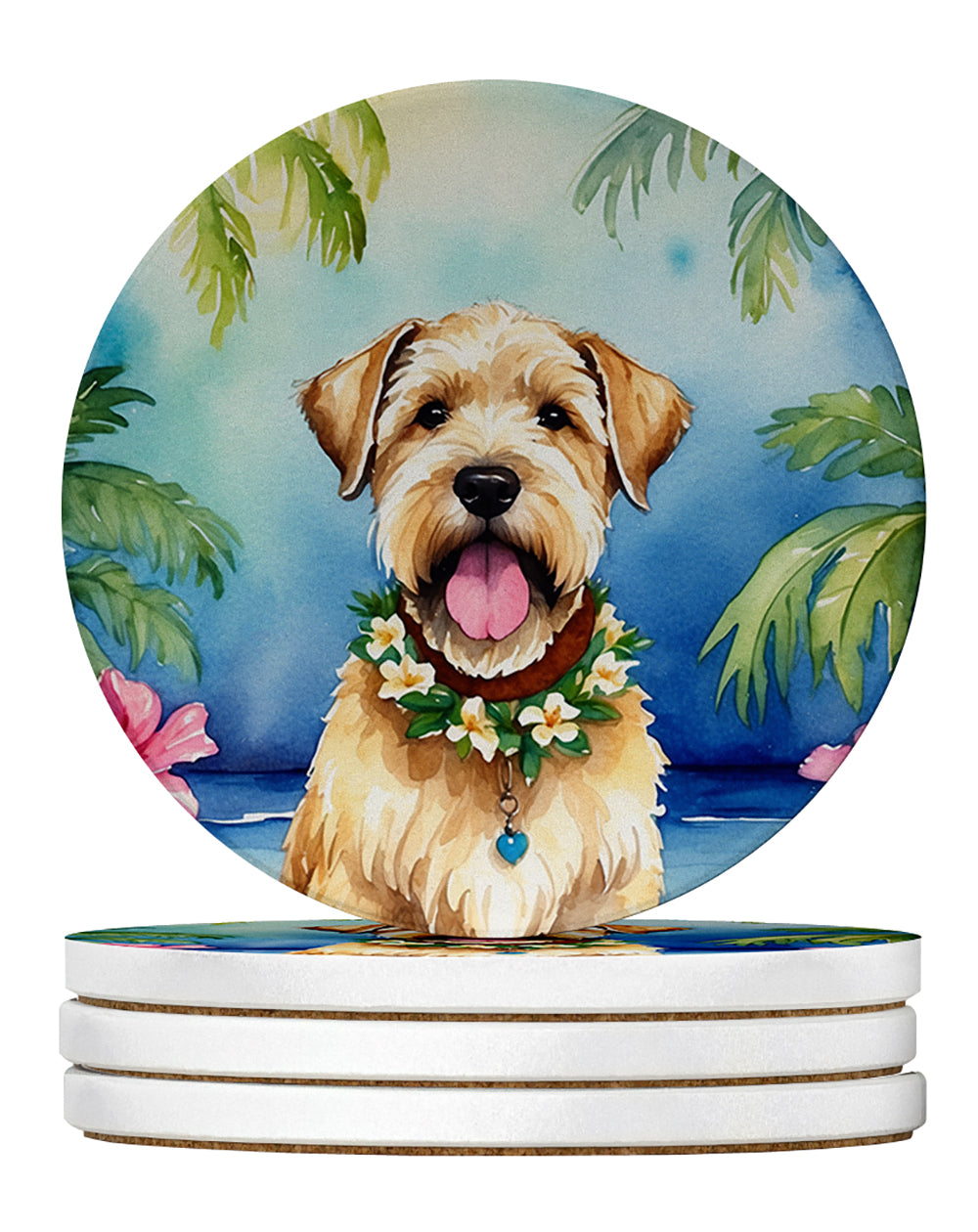 Wheaten Terrier Luau Large Sandstone Coasters Pack of 4 Absorbent Round Coasters Decor Gifts for Men or Women, 4 in, Multicolor