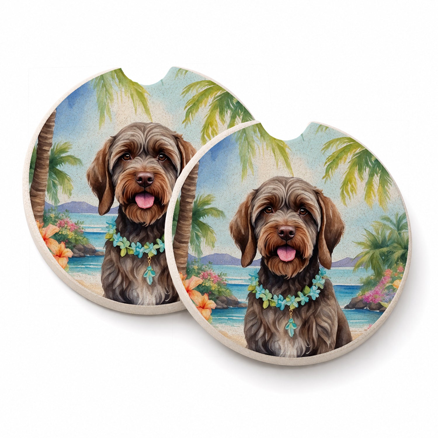 Wirehaired Pointing Griffon Luau Set of 2 Cup Holder Car Coasters Absorbent Round Sandstone Coasters Gifts for Men or Women, 2.5, Multicolor