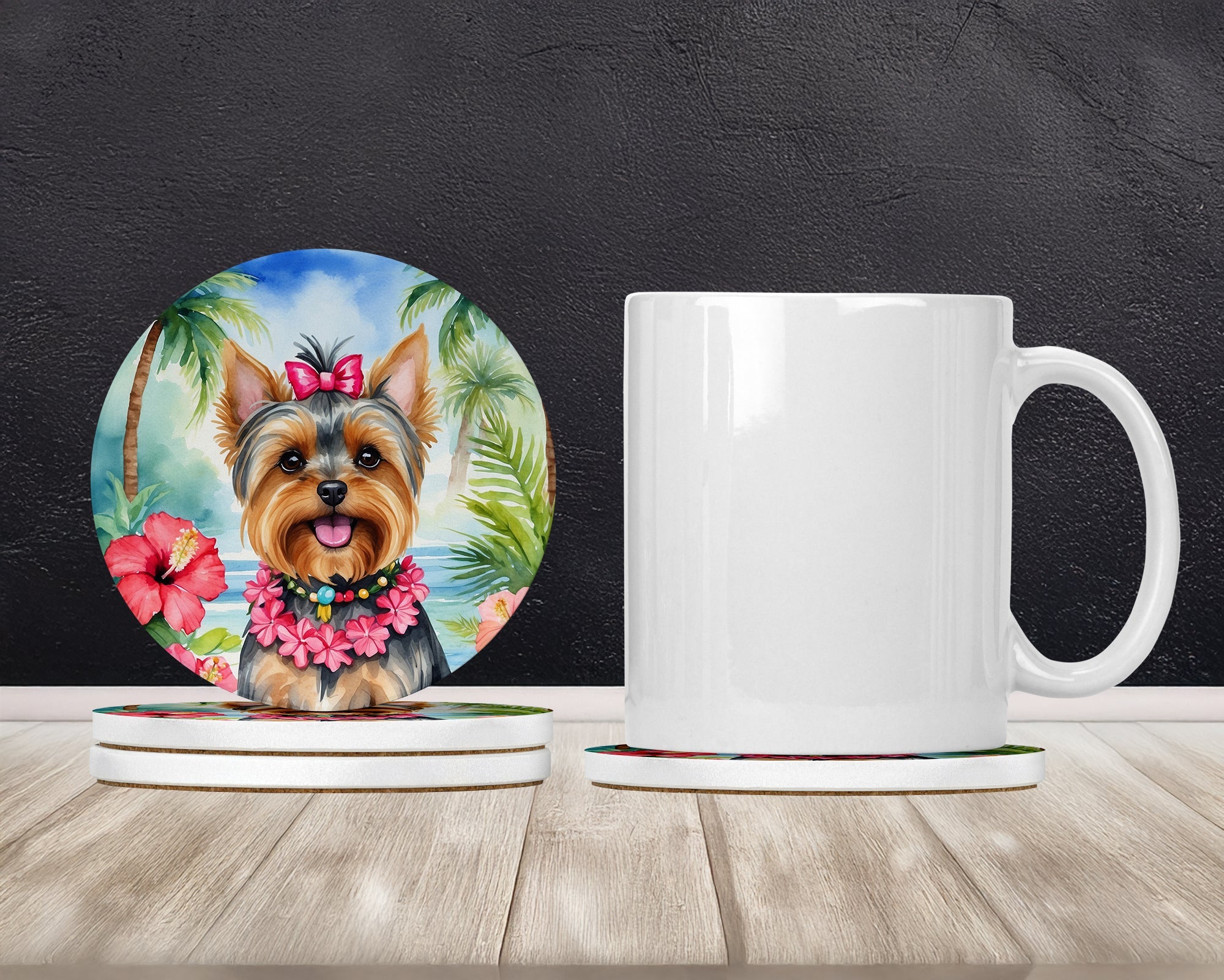 Yorkshire Terrier Luau Large Sandstone Coasters Pack of 4 Absorbent Round Coasters Decor Gifts for Men or Women, 4 in, Multicolor