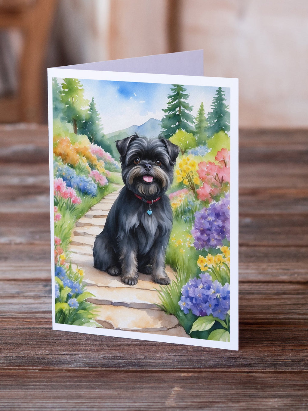 Affenpinscher Spring Garden Greeting Cards Pack of 8 Blank Cards with Envelopes Whimsical A7 Size 5x7