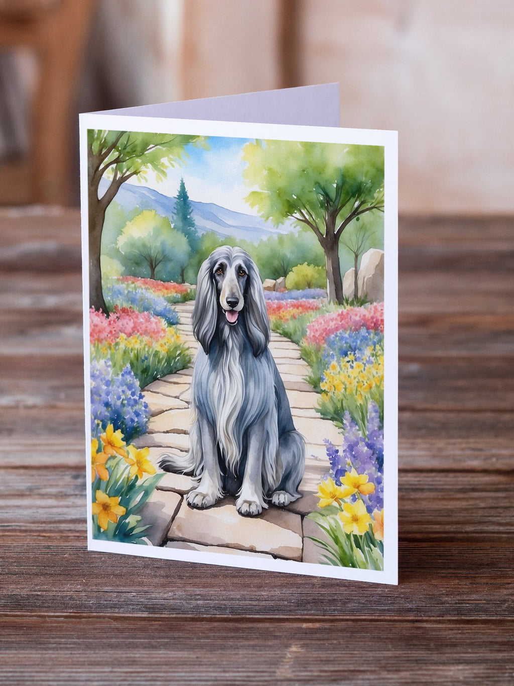 Afghan Hound Spring Garden Greeting Cards Pack of 8 Blank Cards with Envelopes Whimsical A7 Size 5x7