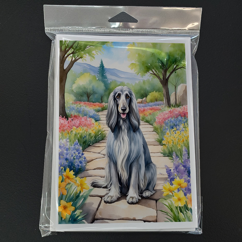 Afghan Hound Spring Garden Greeting Cards Pack of 8 Blank Cards with Envelopes Whimsical A7 Size 5x7
