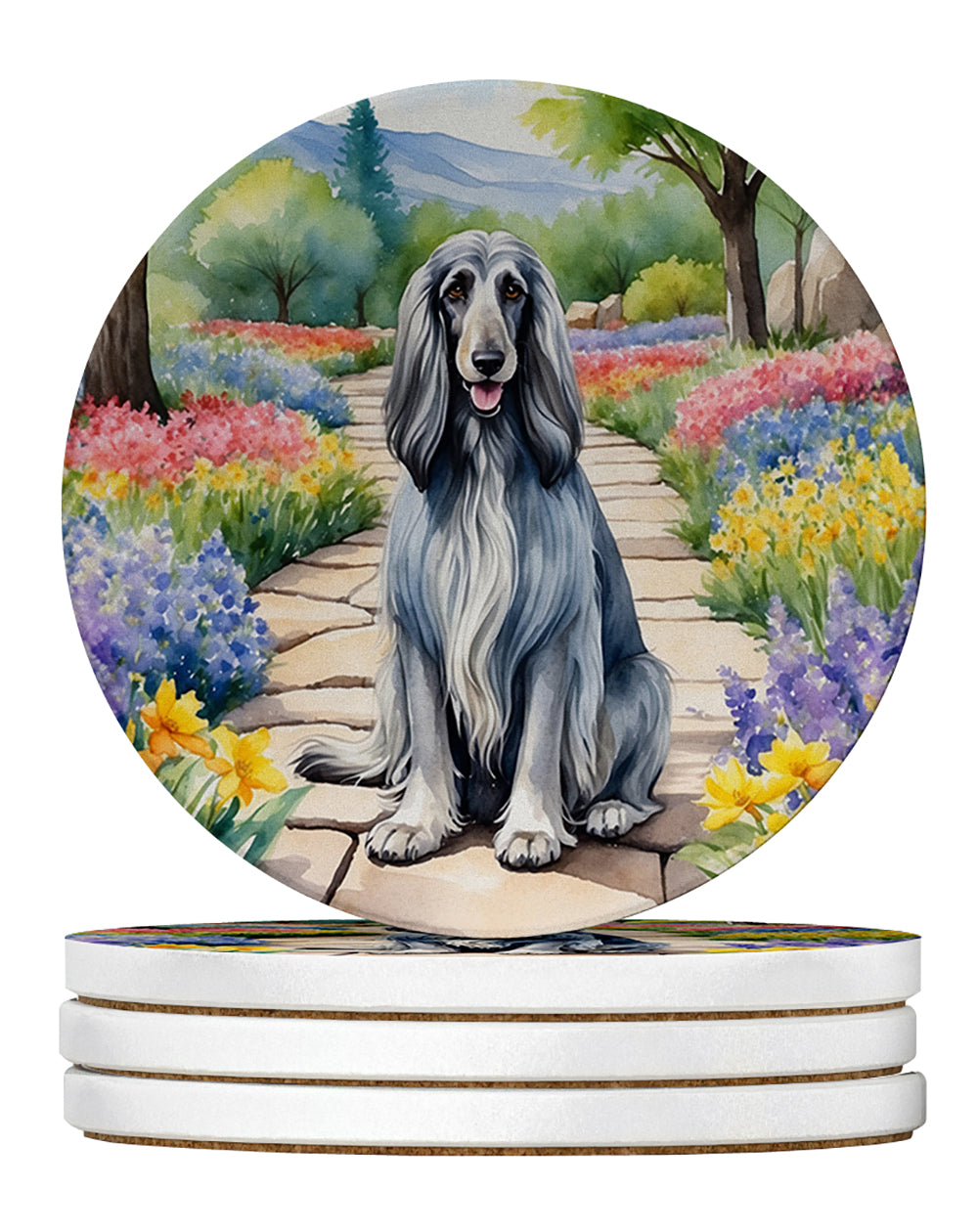 Afghan Hound Spring Garden Large Sandstone Coasters Pack of 4 Absorbent Round Coasters Decor Gifts for Men or Women, 4 in, Multicolor