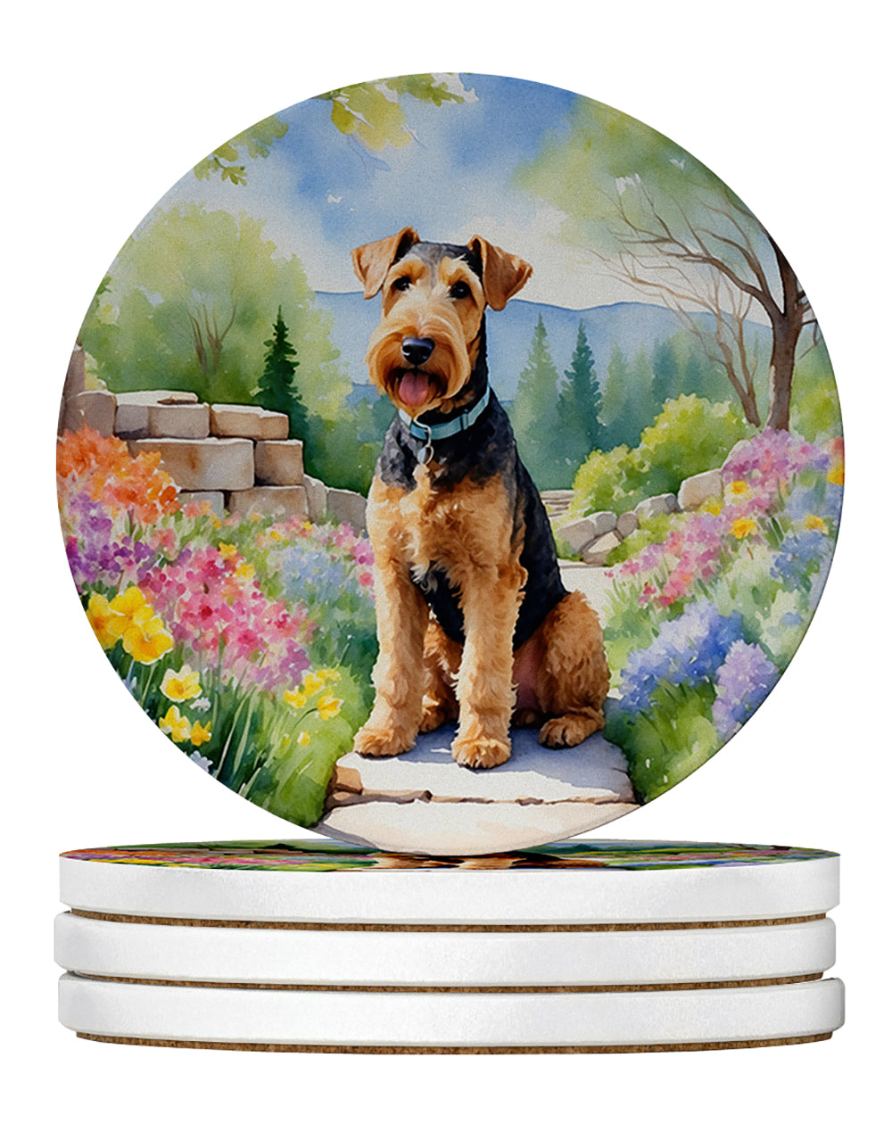 Airedale Terrier Spring Garden Large Sandstone Coasters Pack of 4 Absorbent Round Coasters Decor Gifts for Men or Women, 4 in, Multicolor