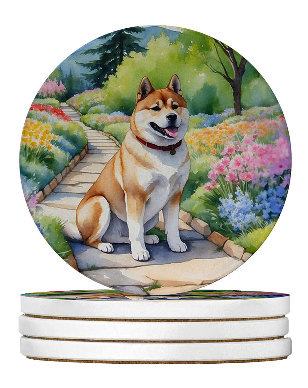 Akita Spring Garden Large Sandstone Coasters Pack of 4 Absorbent Round Coasters Decor Gifts for Men or Women, 4 in, Multicolor