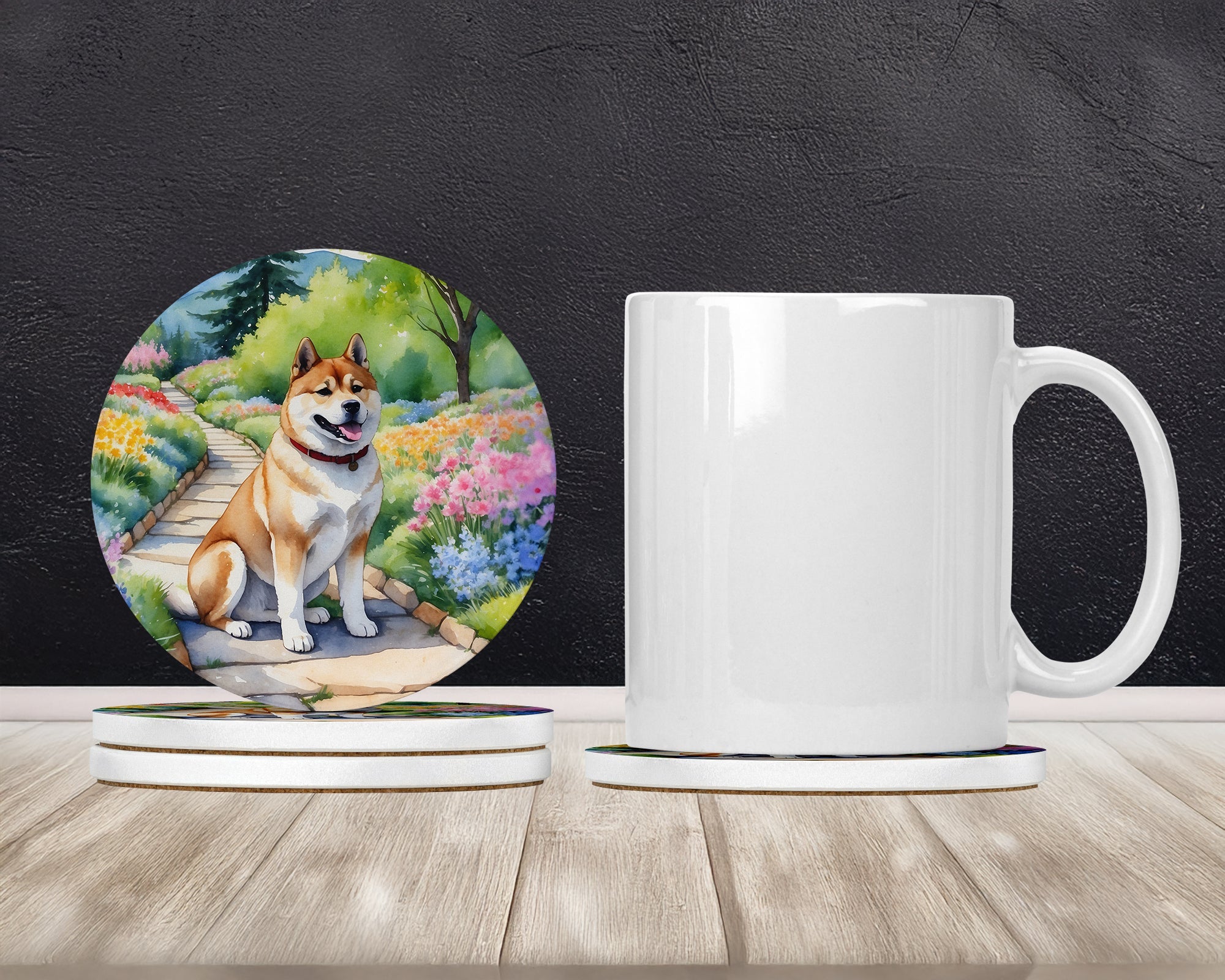 Akita Spring Garden Large Sandstone Coasters Pack of 4 Absorbent Round Coasters Decor Gifts for Men or Women, 4 in, Multicolor