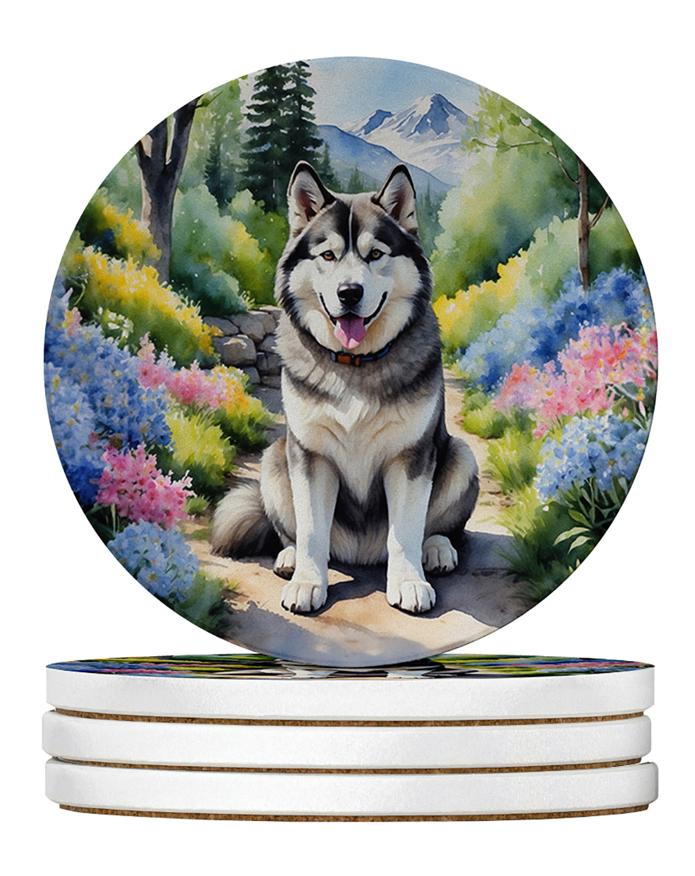 Alaskan Malamute Spring Garden Large Sandstone Coasters Pack of 4 Absorbent Round Coasters Decor Gifts for Men or Women, 4 in, Multicolor