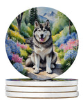 Alaskan Malamute Spring Garden Large Sandstone Coasters Pack of 4 Absorbent Round Coasters Decor Gifts for Men or Women, 4 in, Multicolor