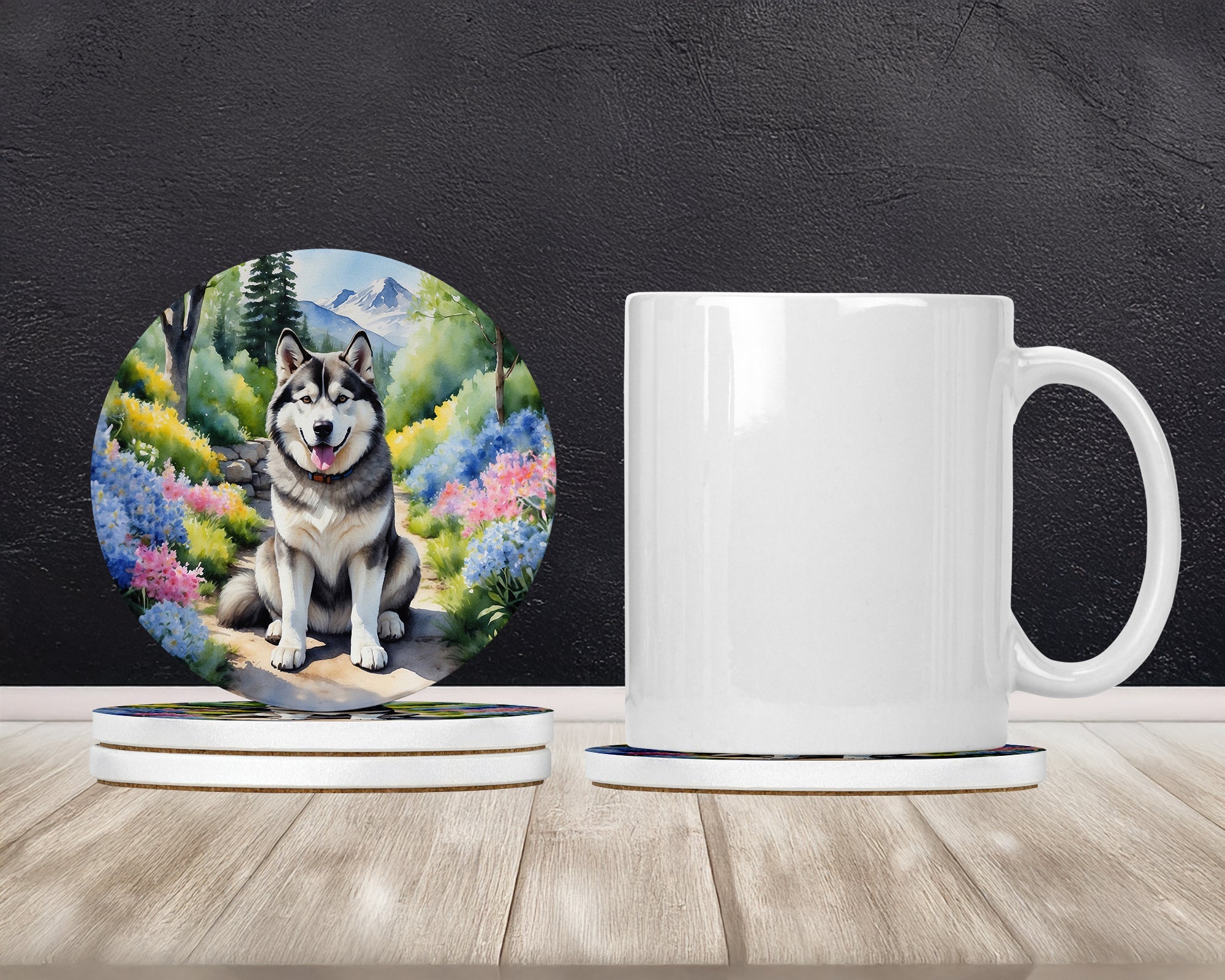 Alaskan Malamute Spring Garden Large Sandstone Coasters Pack of 4 Absorbent Round Coasters Decor Gifts for Men or Women, 4 in, Multicolor