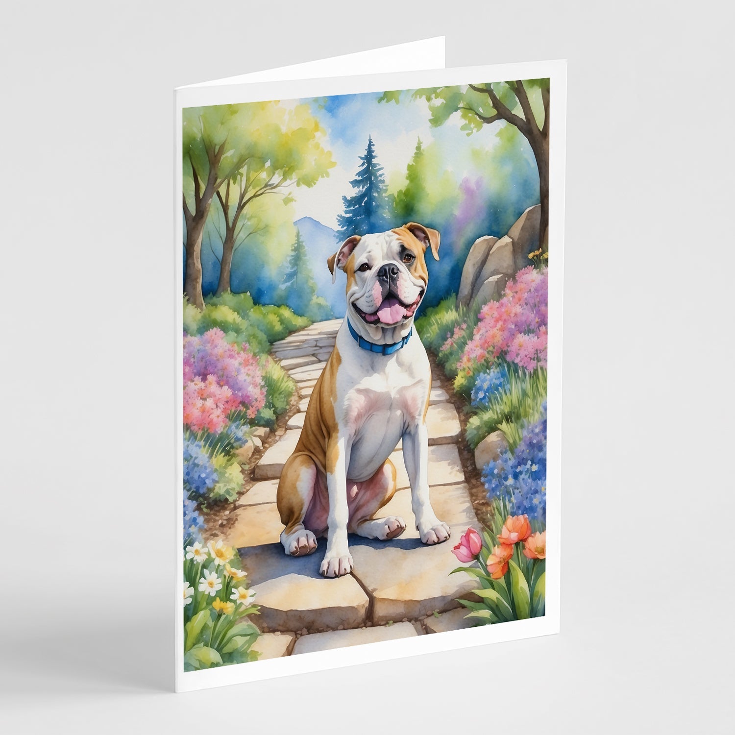 American Bulldog Spring Garden Greeting Cards Pack of 8 Blank Cards with Envelopes Whimsical A7 Size 5x7