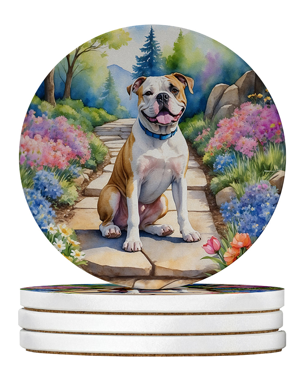 American Bulldog Spring Garden Large Sandstone Coasters Pack of 4 Absorbent Round Coasters Decor Gifts for Men or Women, 4 in, Multicolor